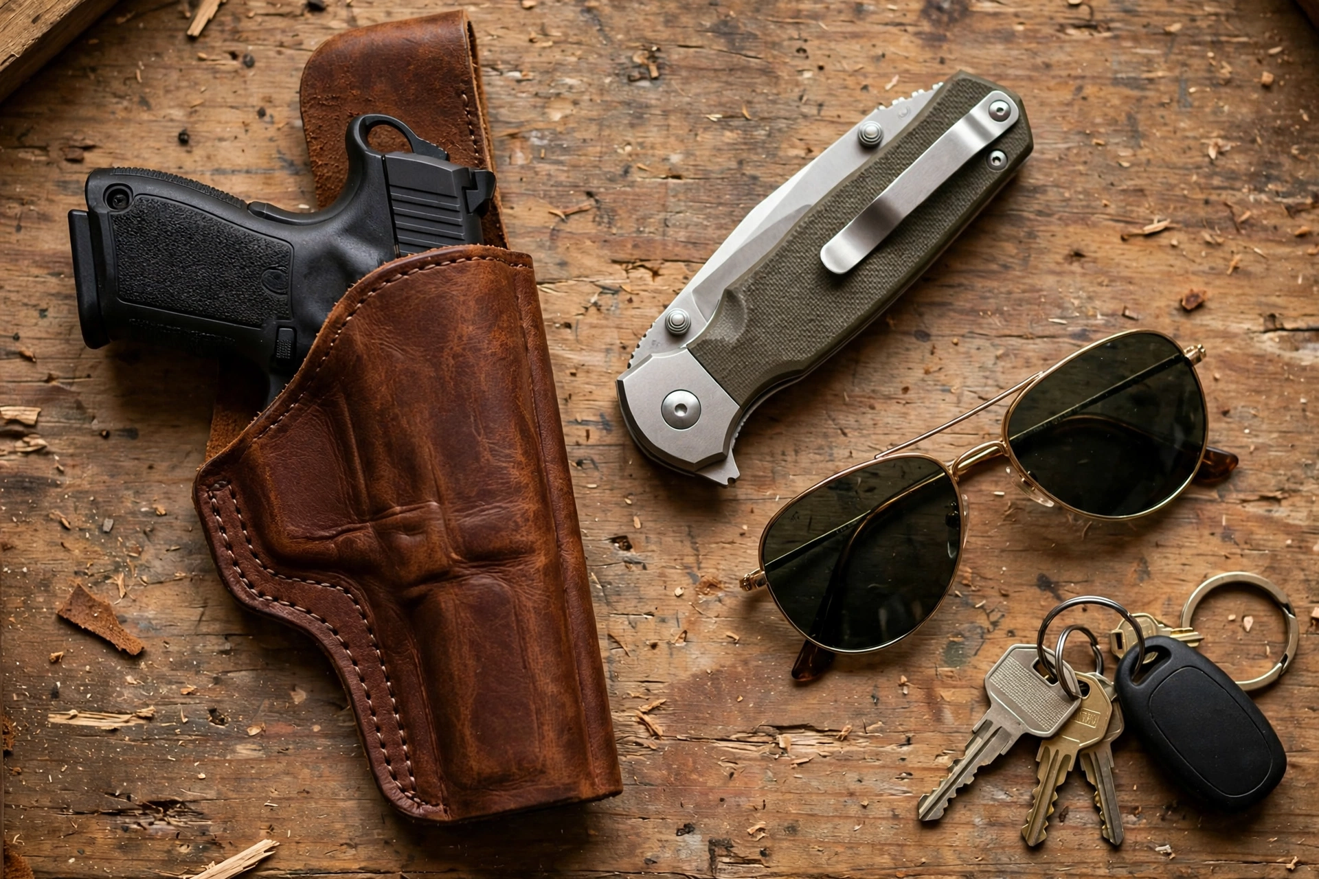 Everyday carry pistol in a leather holster, flat lay