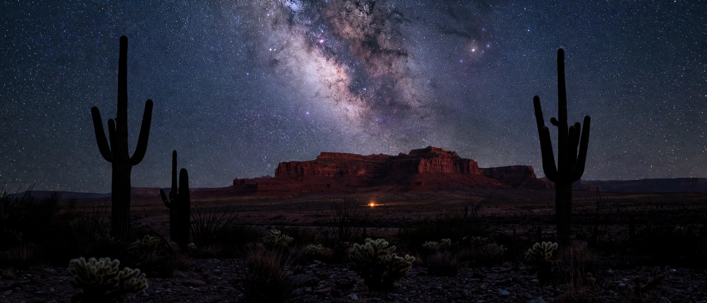 Desert at night under the Milky Way, saguaro silhouettes
