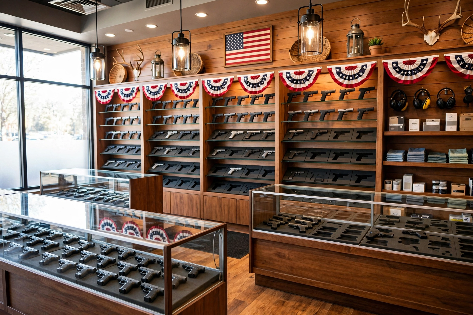 American gun shop — glass cases and shelves of handguns under flag bunting