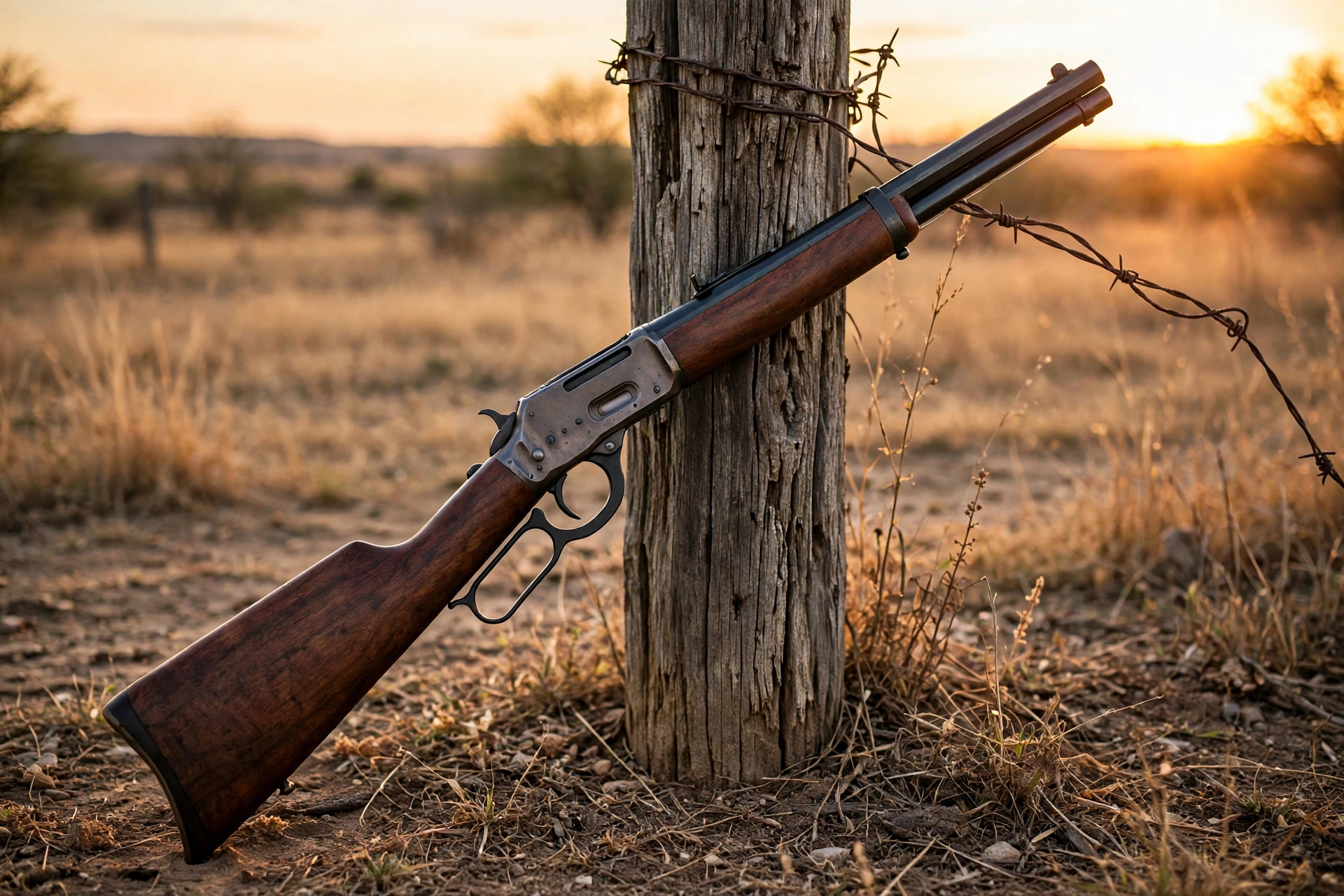 Lever-action rifle against a fence post at sunset