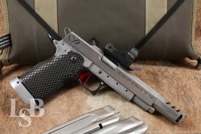 SVI Infinity 2011 race gun, 9mm, with C-More RTS2 red dot and compensator — real product photo, unaltered